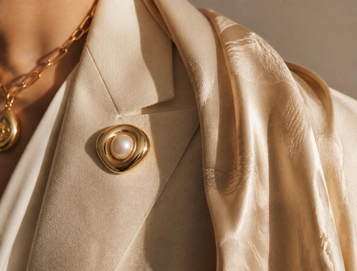 Gold brooch and champagne silk detail on ivory tailoring