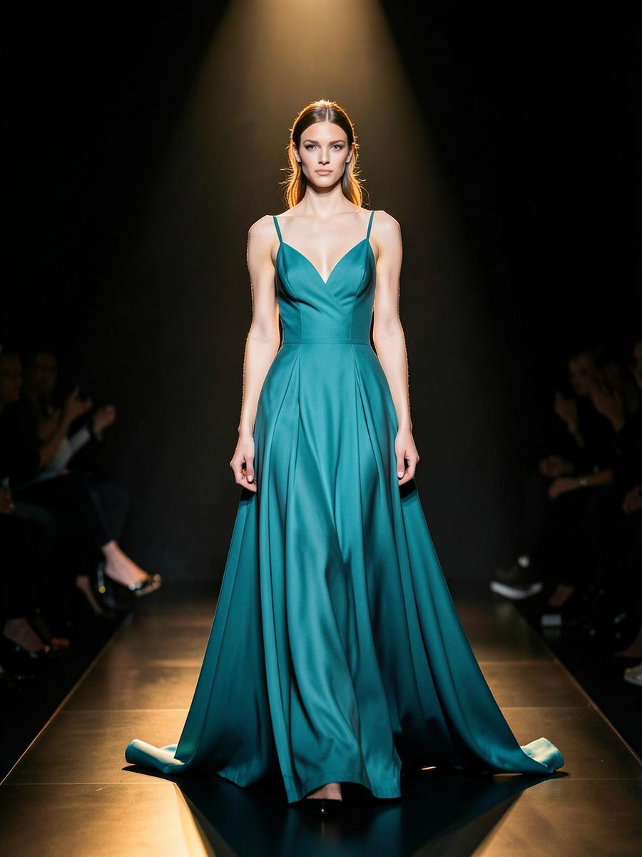 Model in a flowing teal gown under a runway spotlight