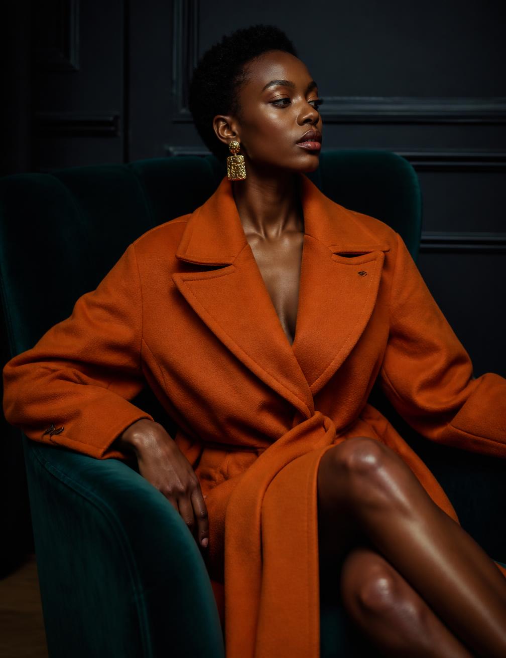 Woman in an orange coat seated on a teal velvet chair