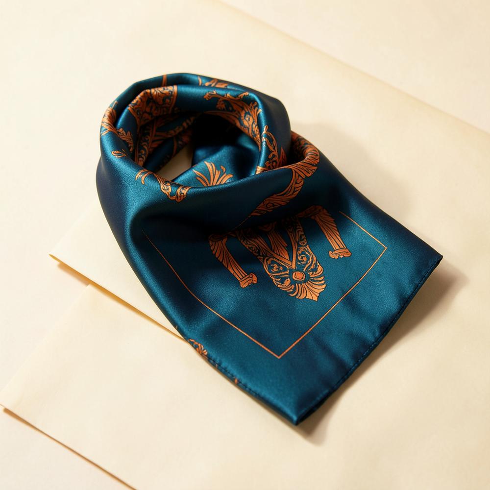 Deep teal silk scarf with orange ornamental print, folded on ivory paper