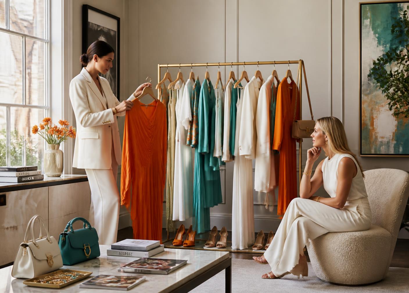 Curated wardrobe rack in a boutique styling studio